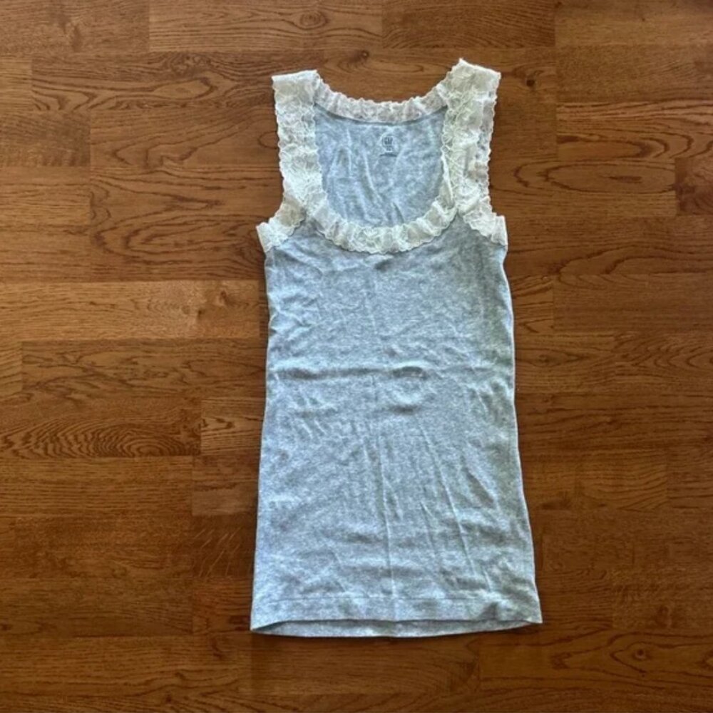 Gap Womens Gray Lace Tank Top Ivory Cream Cotton XS Cami Long Camisole Y2K